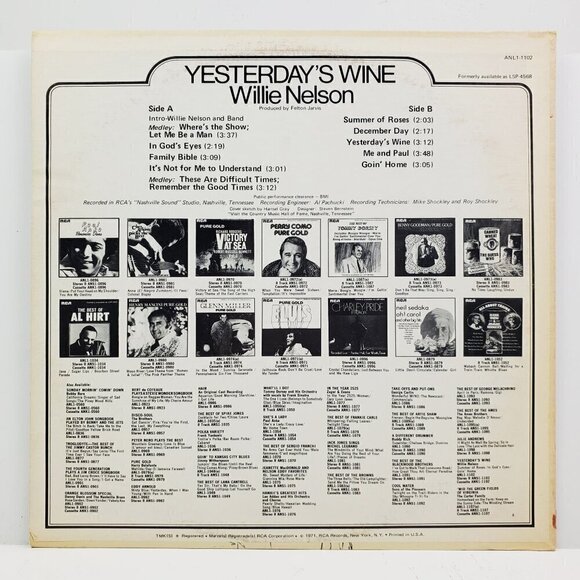 Willie Nelson Yesterday's Wine Vinyl Record 1971 RCA ANL1-1102 Country Stereo - Picture 4 of 9